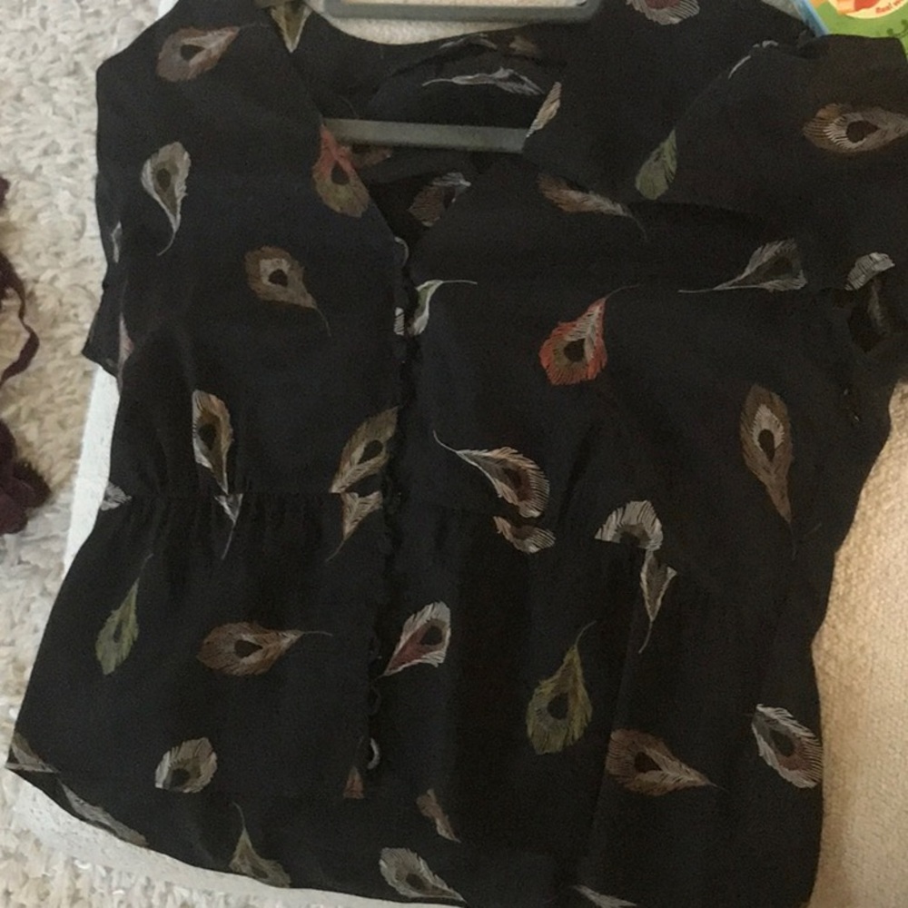 Madewell sheer Black Blouse with Feather Pattern